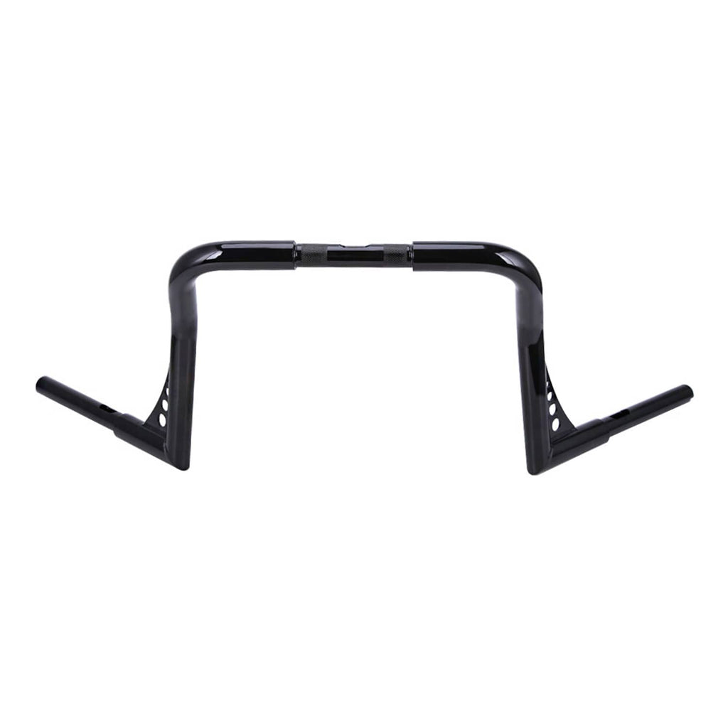 Black monkey-style handlebar with wide sweep and stepped clamp mounting points