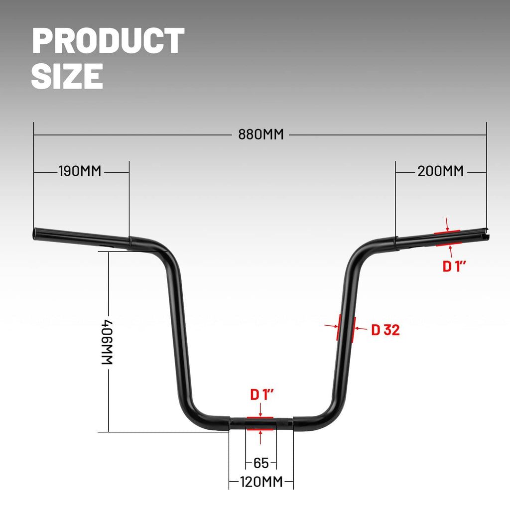 Black ape hanger handlebar size diagram with measured dimensions in mm and inches