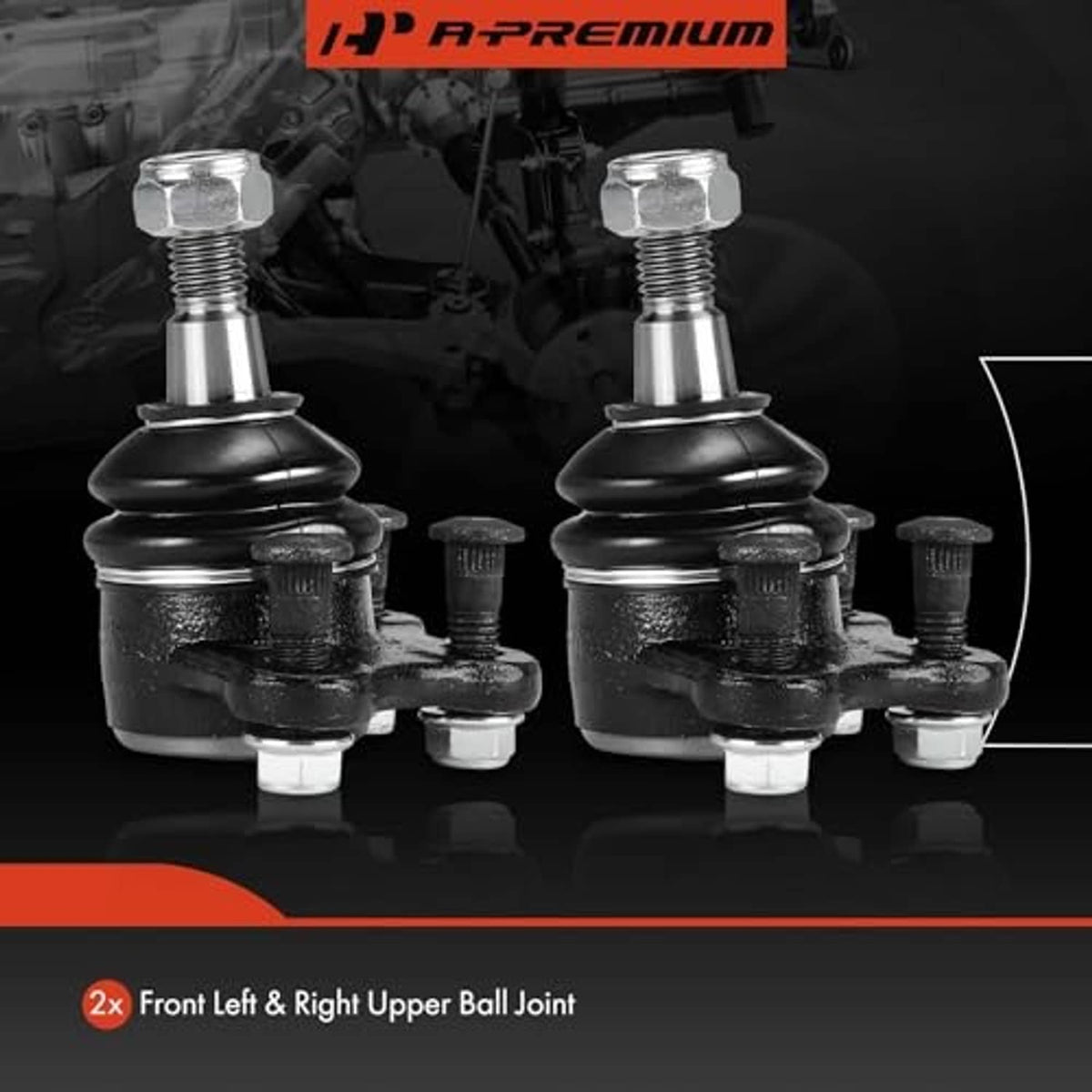 Front upper ball joint pair with black dust boots and threaded studs
