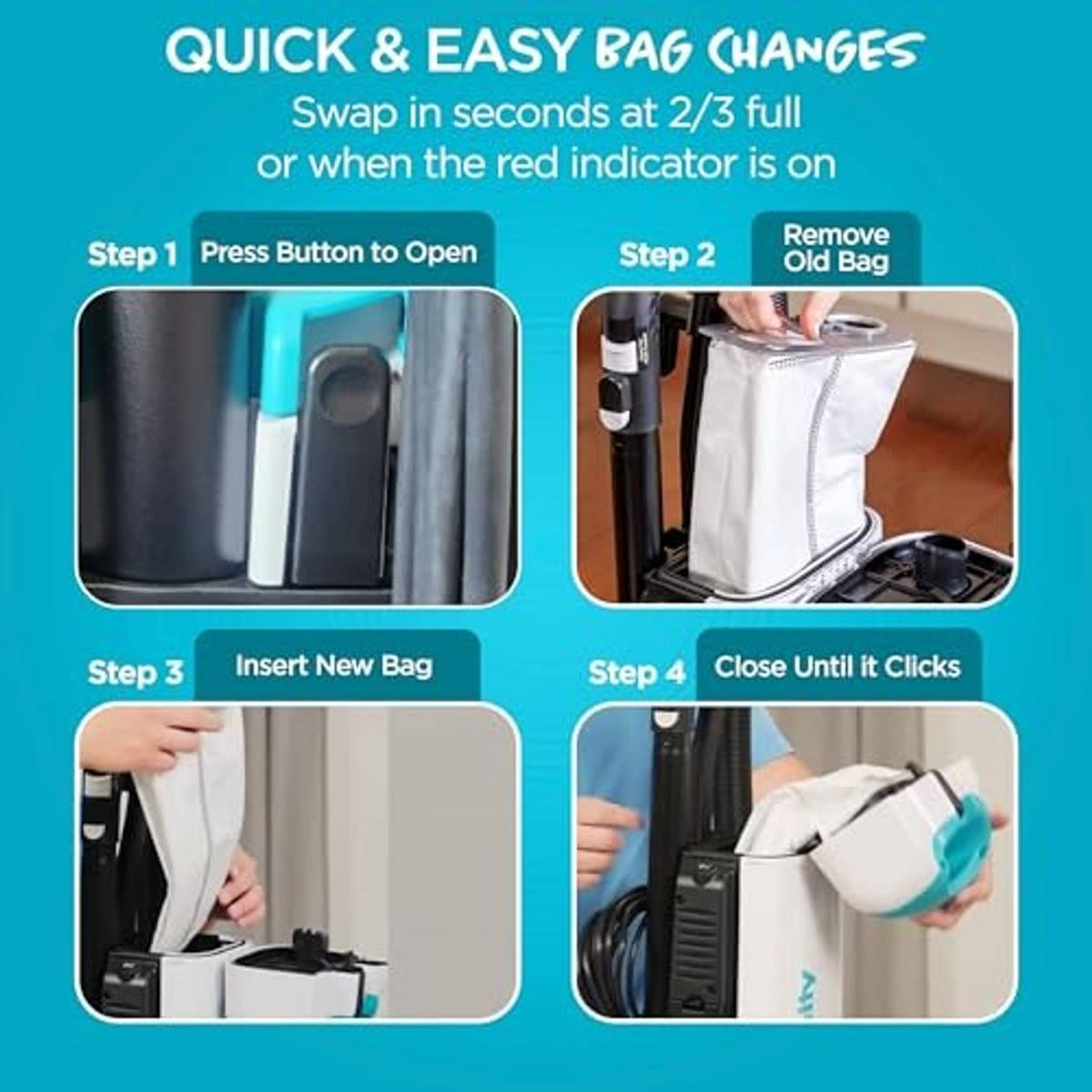 HEPA vacuum bag replacement steps showing white bag being inserted and closed