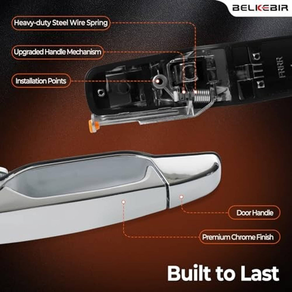 Chrome exterior door handle with visible internal mechanism and wire spring