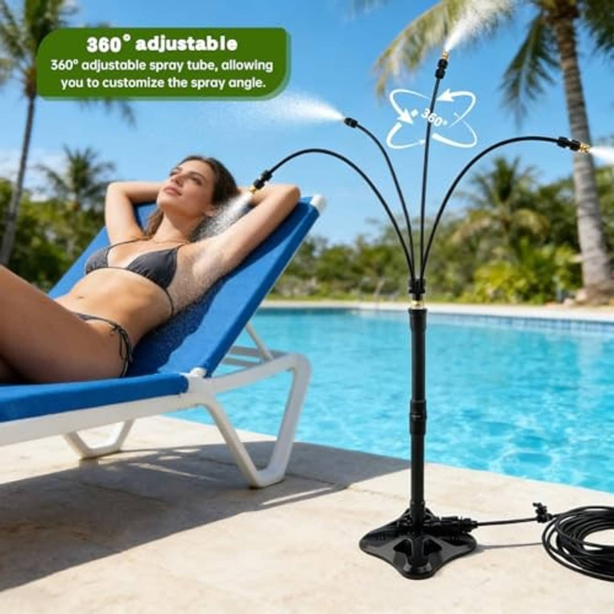 360° adjustable black misting pole with multi-jet spray branches on patio