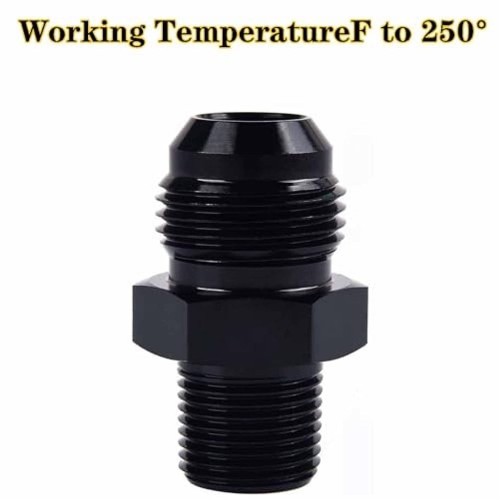 Black aluminum 3/8 NPT male adapter, hex body and AN flare neck
