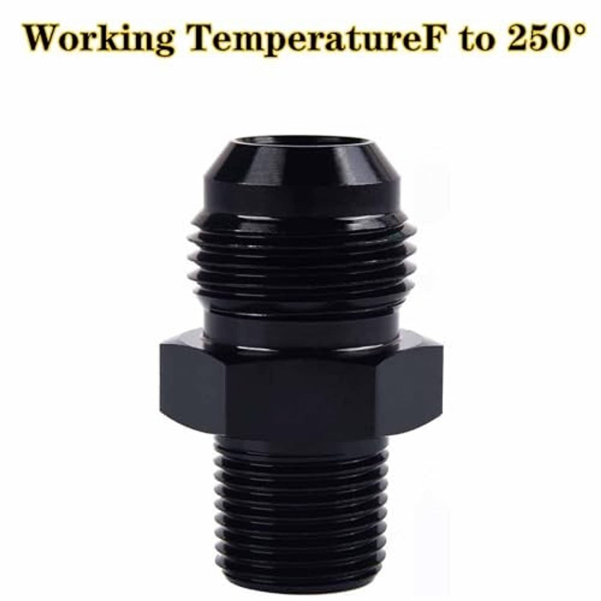 Black aluminum 3/8 NPT male adapter, hex body and AN flare neck