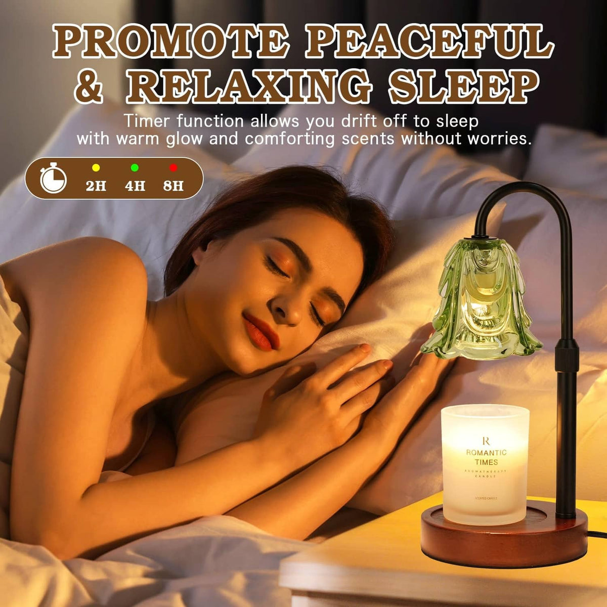 Green glass candle warmer lamp with black stand, glowing candle jar beside bed