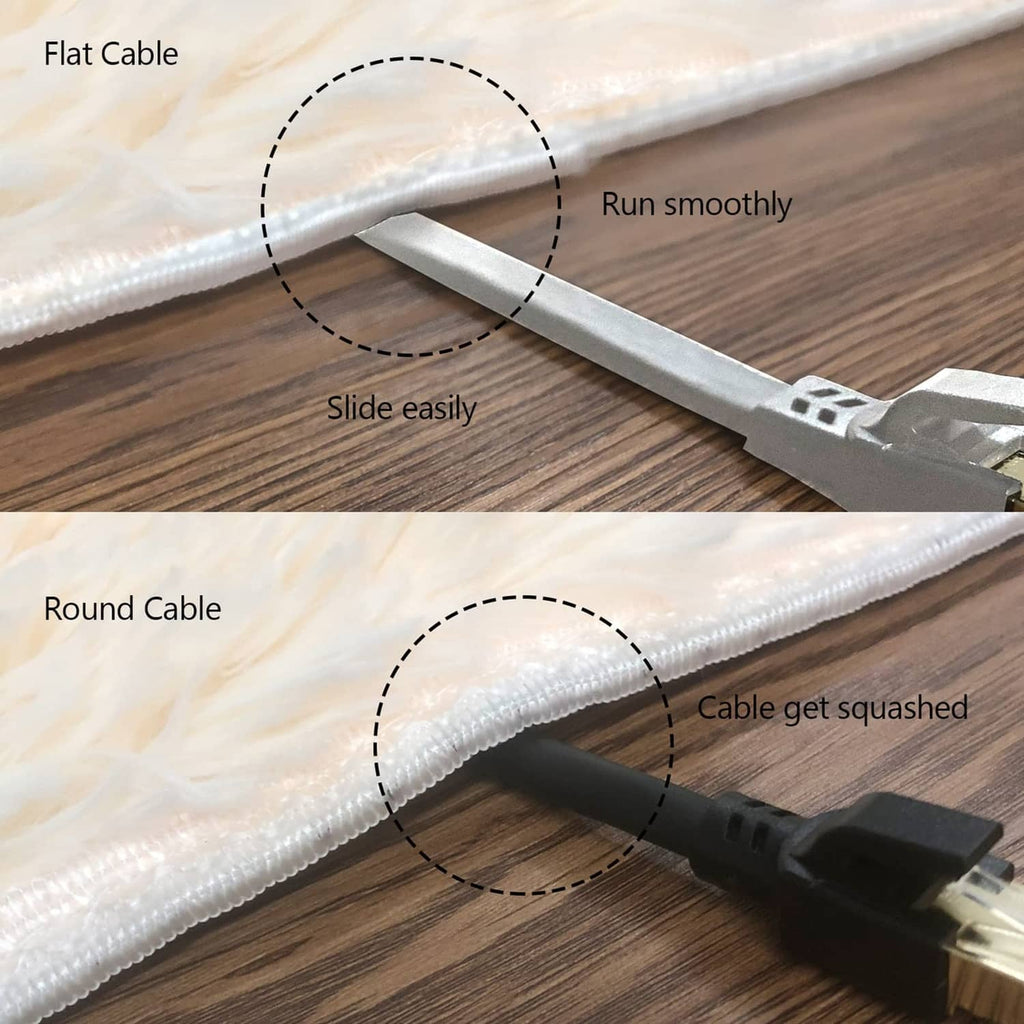 Flat Ethernet cable with gray RJ45 connector, shown lying on a wood surface