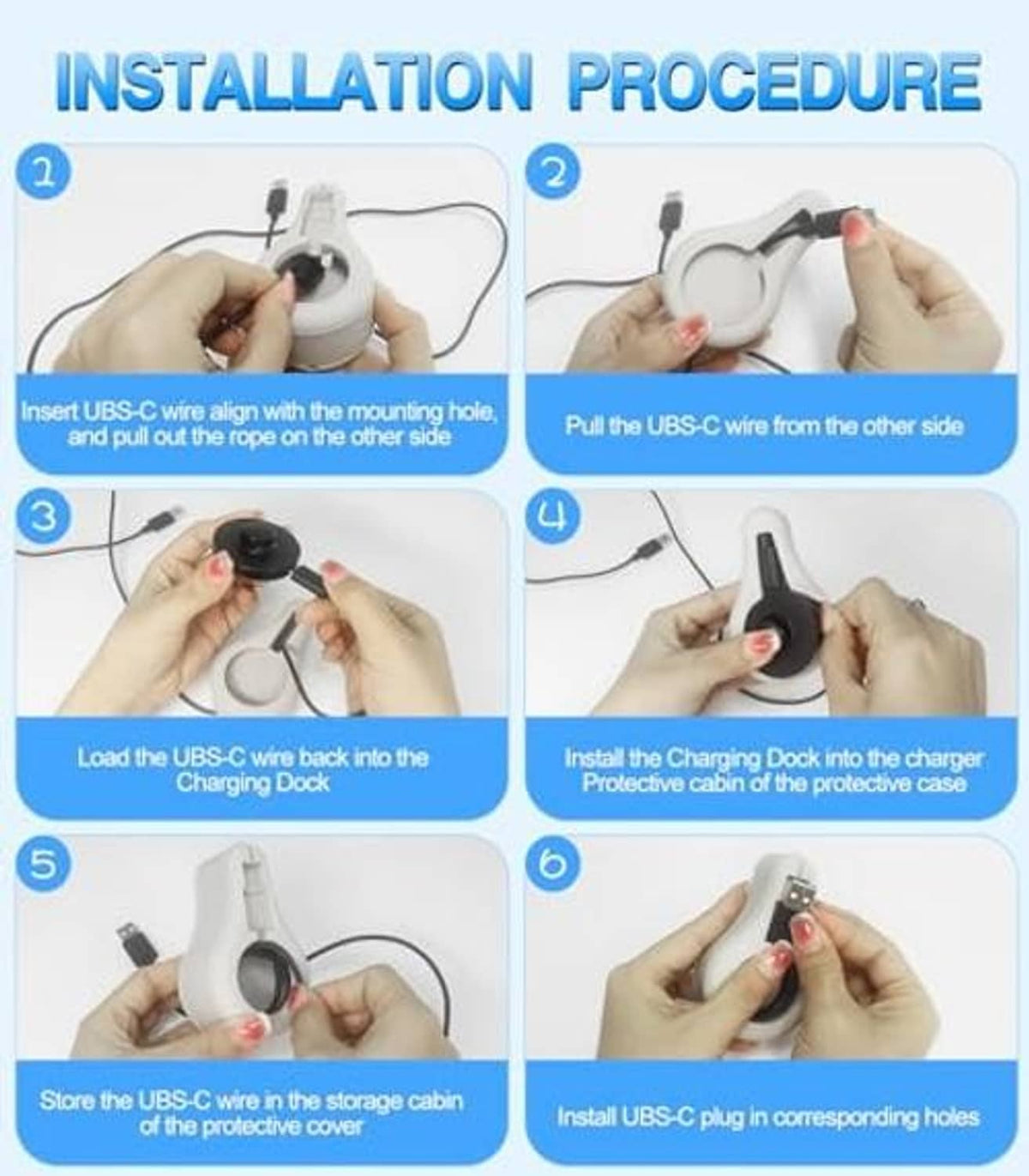 Blue silicone charger protector cover installation with hands and USB-C cable plug