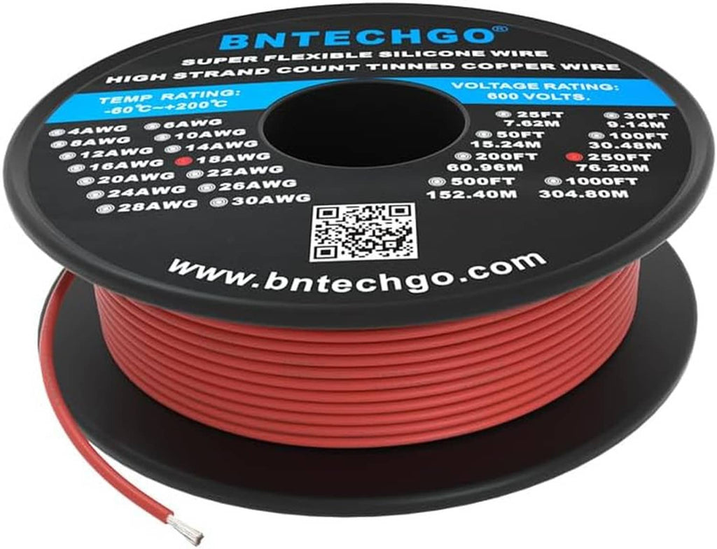 Red 18 AWG silicone insulated wire on black spool, tinned copper strands