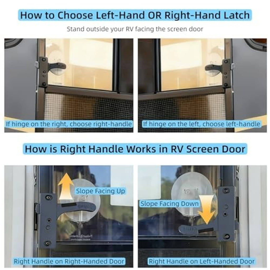 RV screen door latch handle placement examples for right-hand and left-hand doors