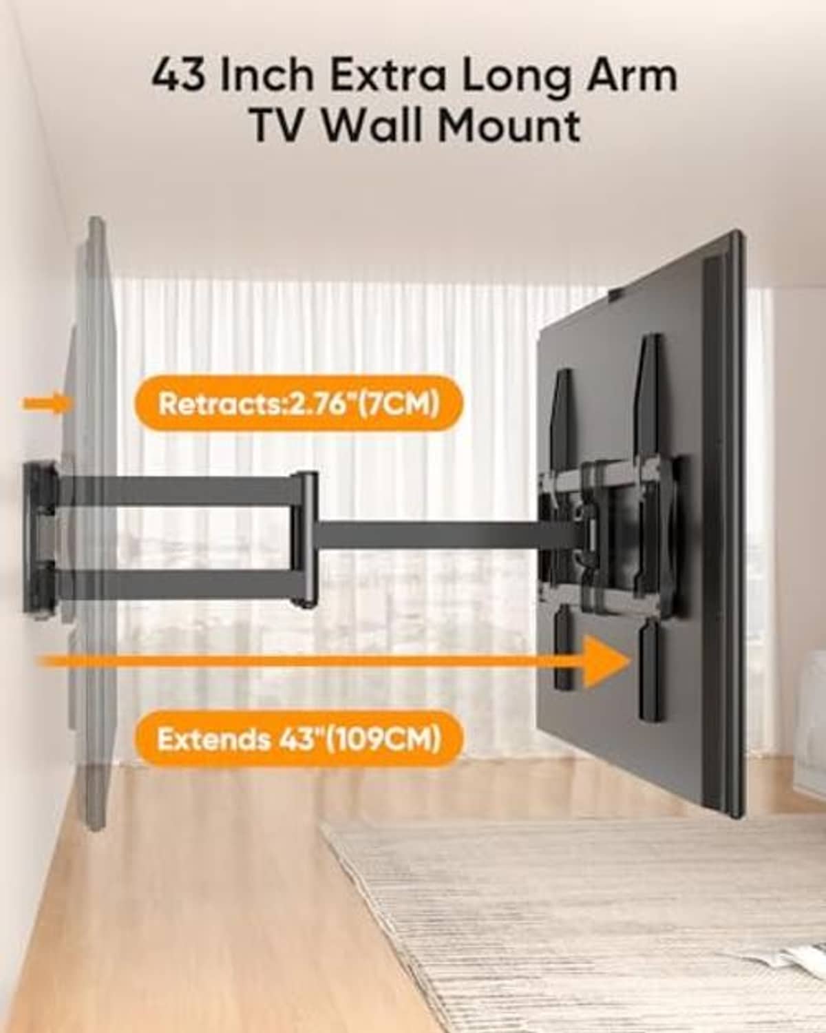 Full motion TV wall mount with extra-long extendable arm, black steel