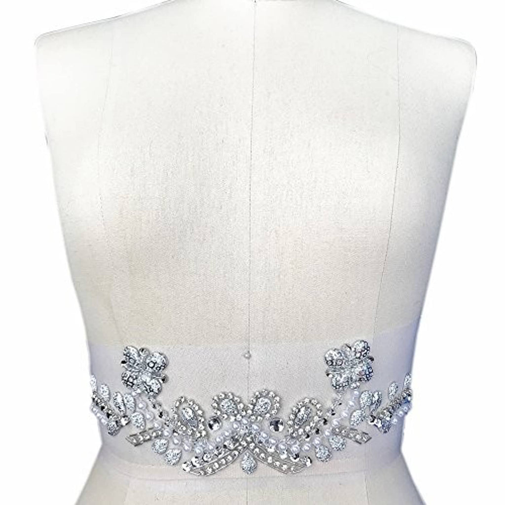 Beaded crystal neckline trim with floral clusters along the lower V shape