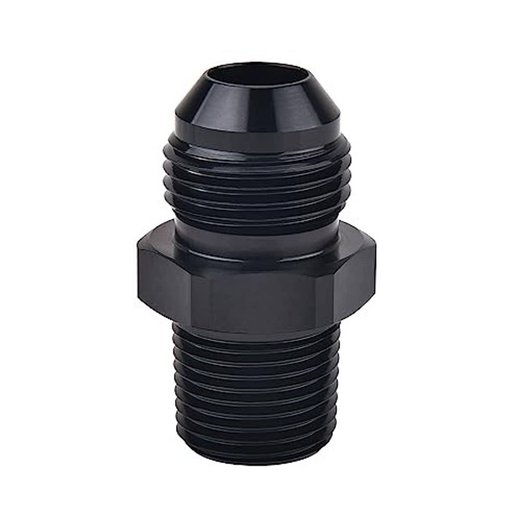 Black straight male adapter fitting with flared AN end and threaded NPT outlet