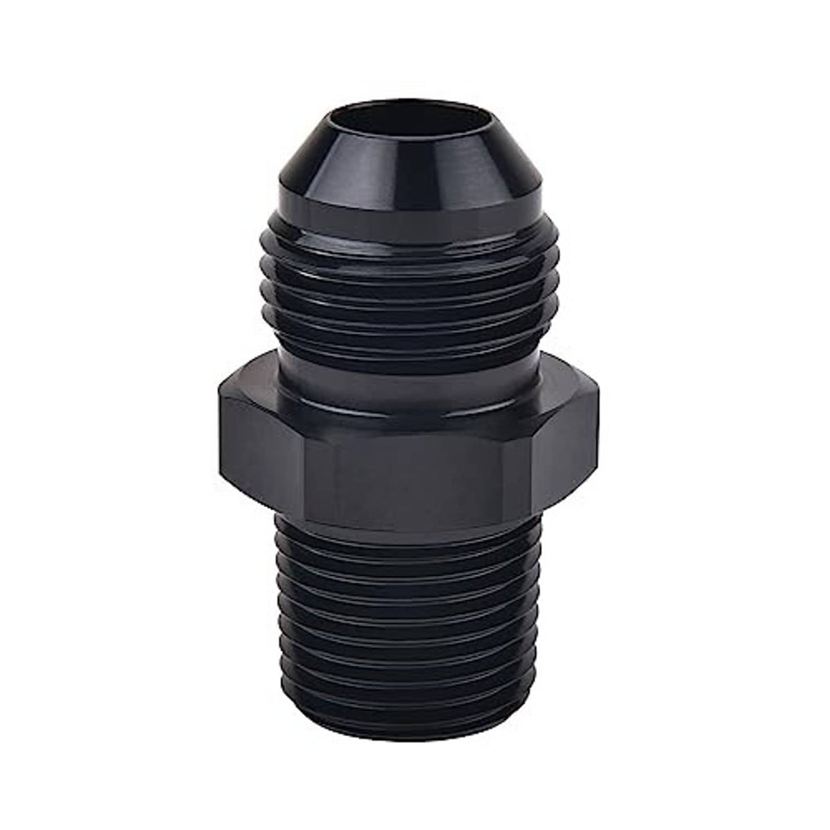 Black straight male adapter fitting with flared AN end and threaded NPT outlet