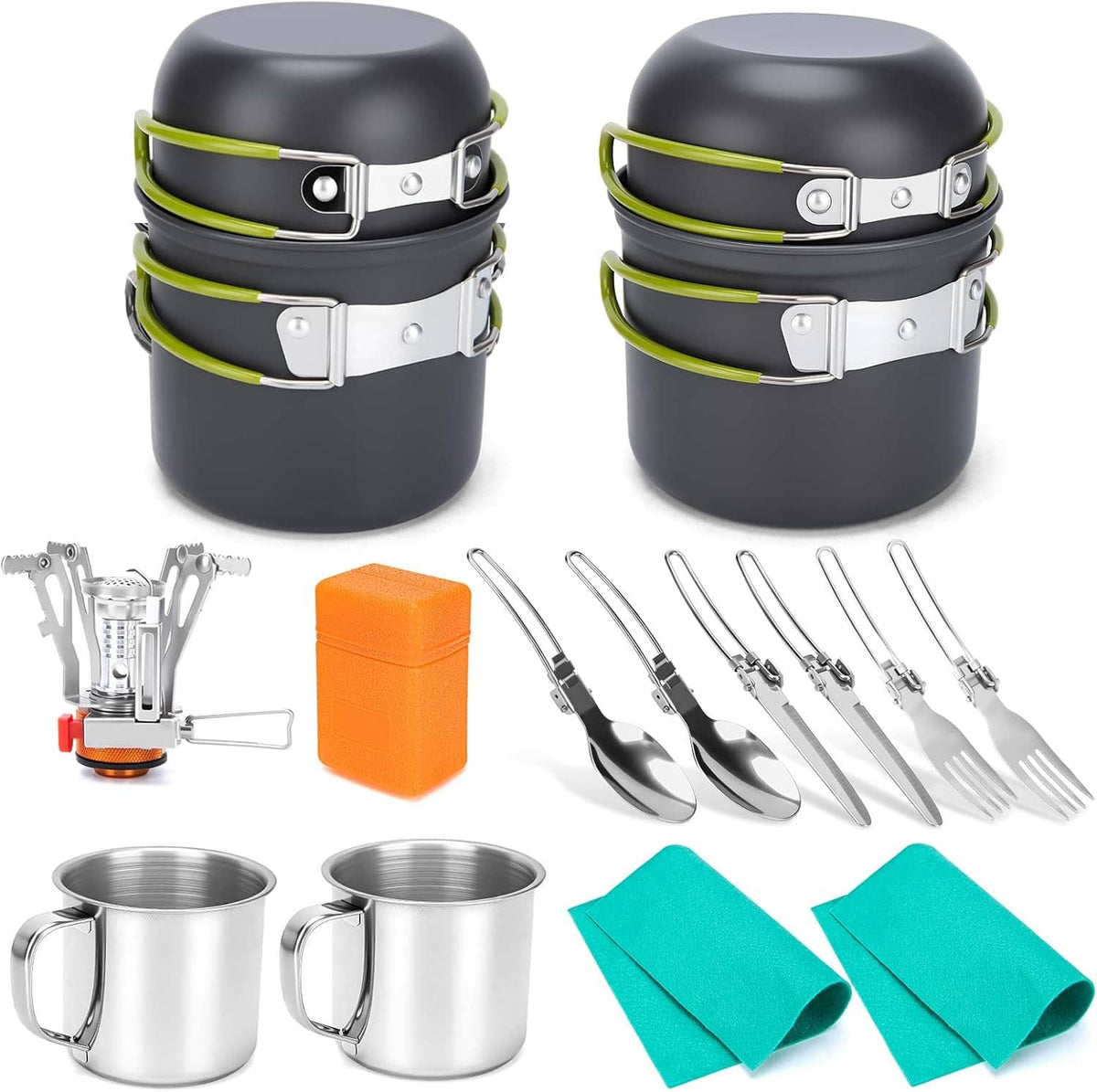 Camping cookware set contents: two black pots, stainless mugs, orange case, stove, and forks
