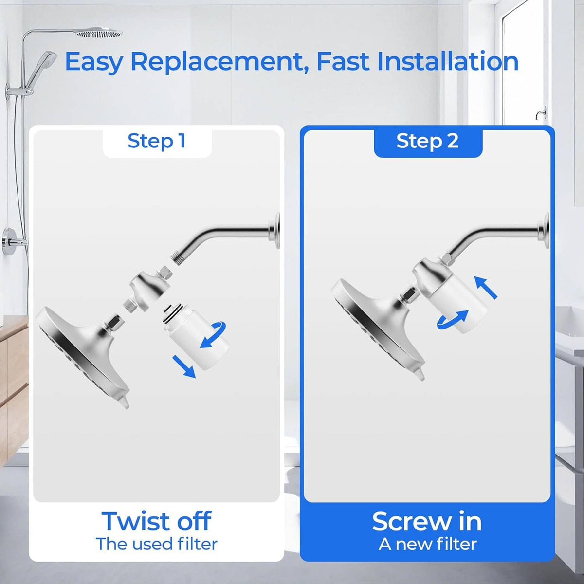 Showerhead filter replacement installation shown: twist off old filter, screw in new filter