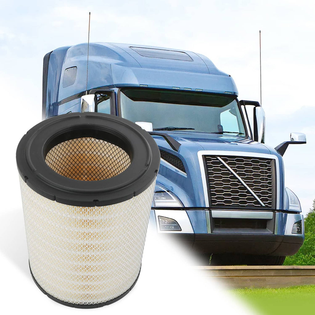 Engine air filter cartridge with black end cap and pleated white media, angled front