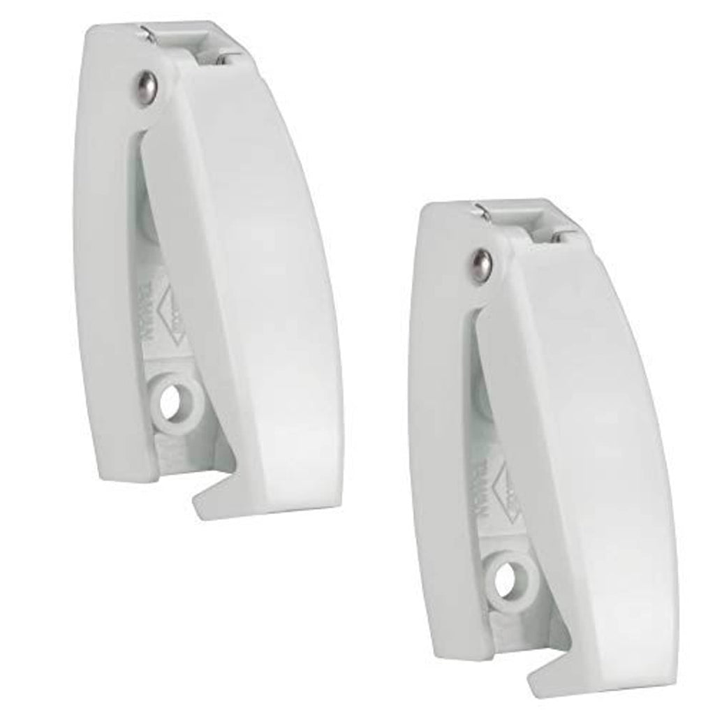 Pair of white rounded door catch latch clips for RV baggage compartment, angled front view