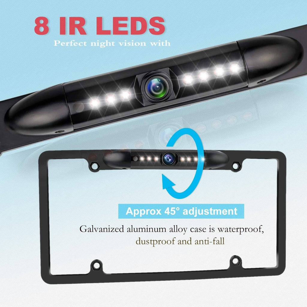 License plate backup camera with 8 IR LEDs and adjustable mounting bracket
