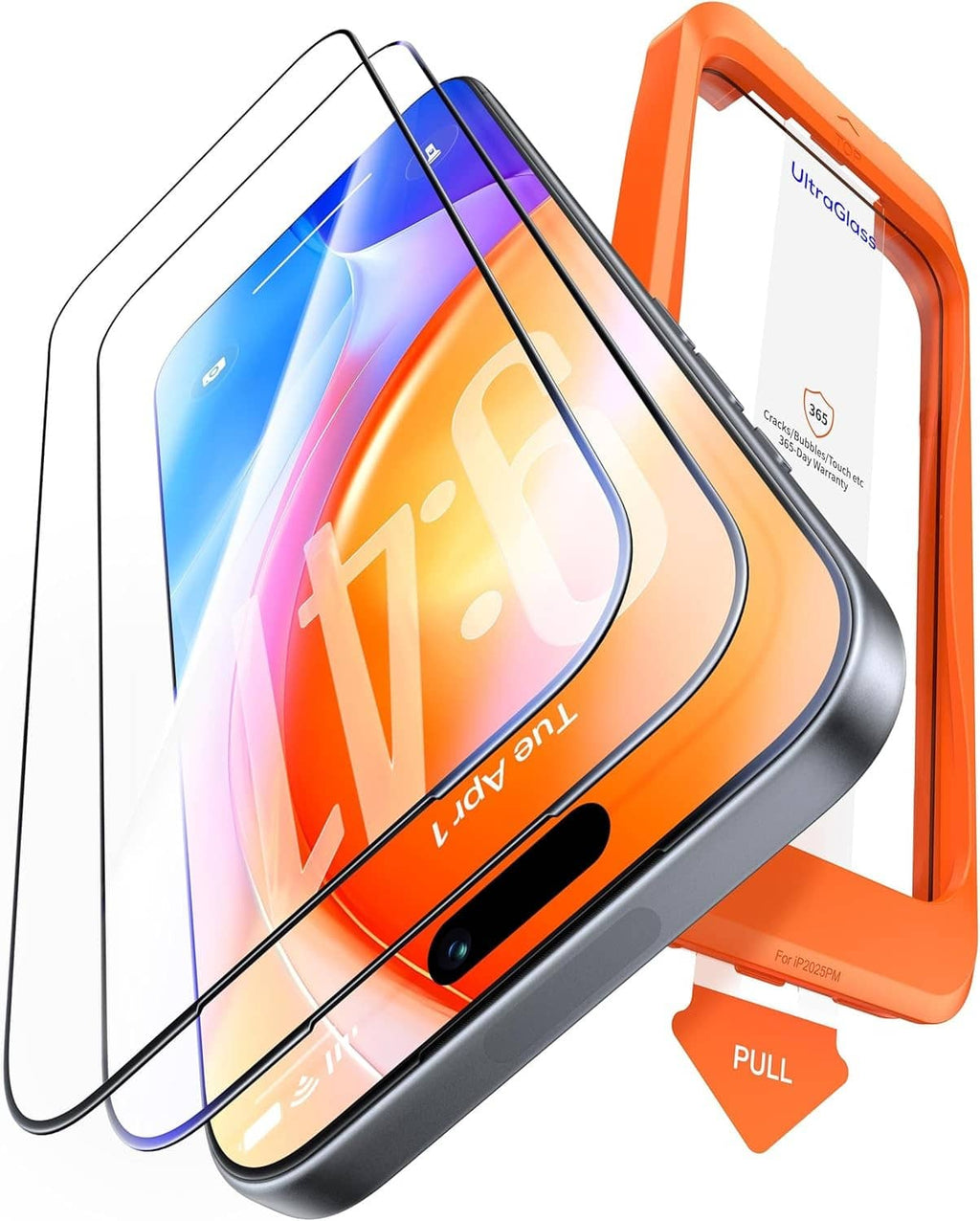 UltraGlass clear 9H+ glass screen protector panel for iPhone 16 Pro with orange frame