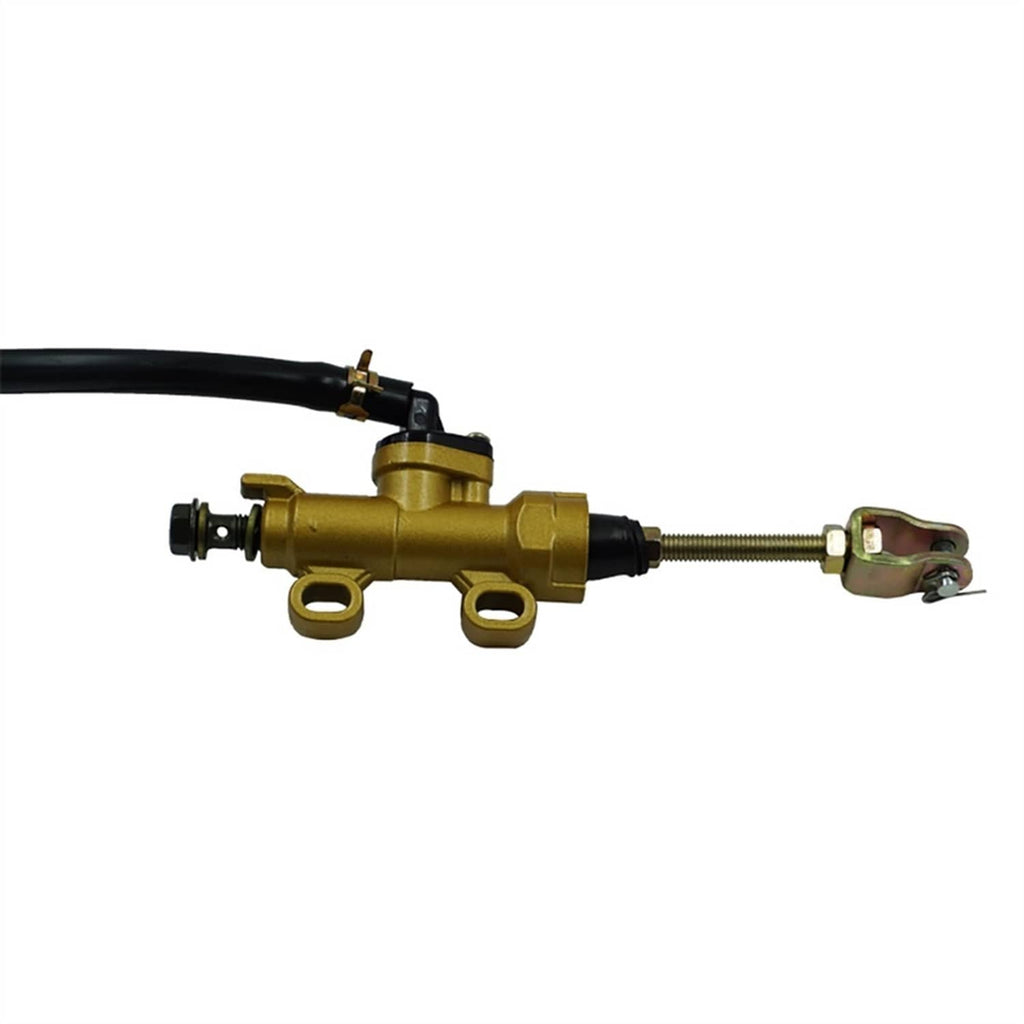 Gold rear brake master cylinder pump with lever mount and black hydraulic lines