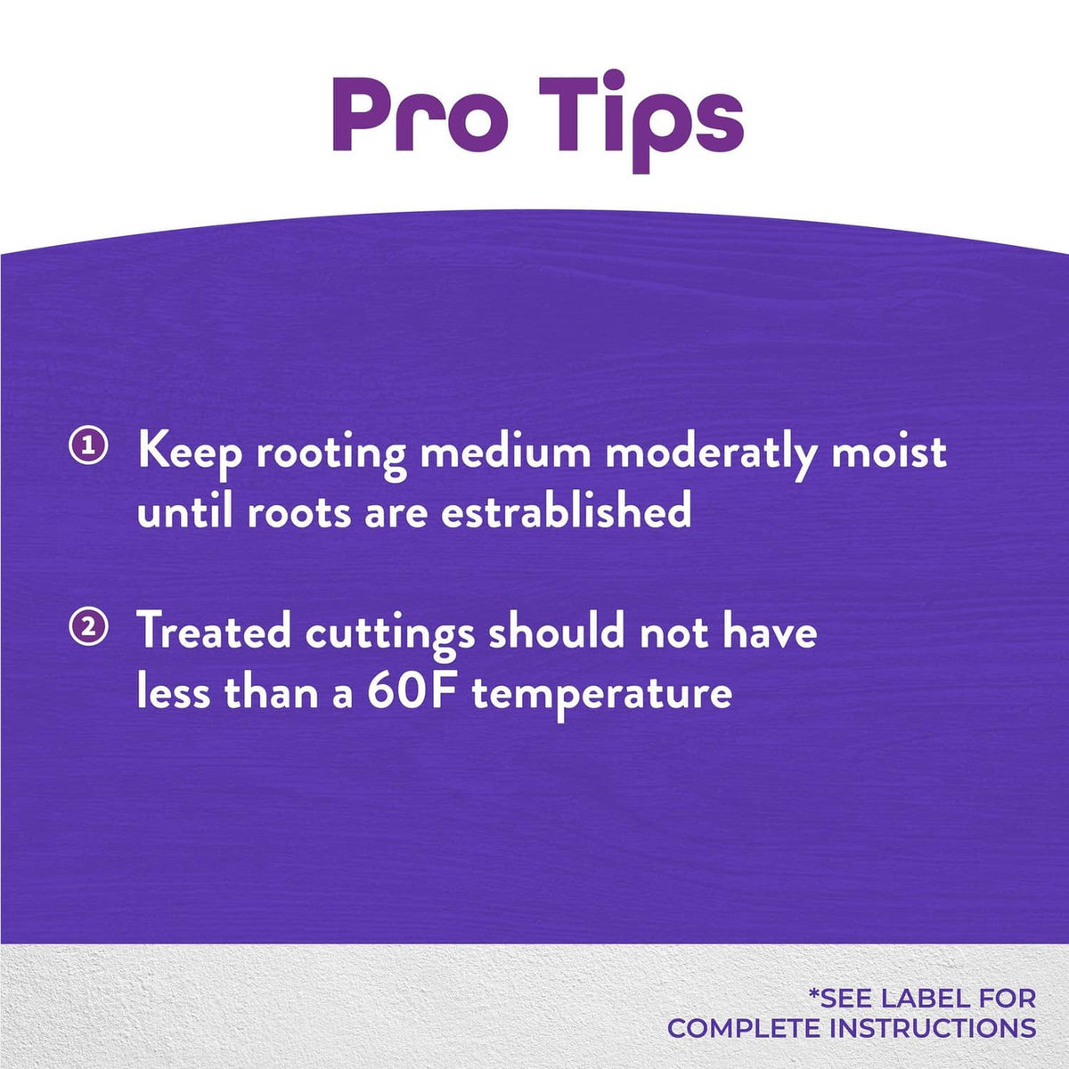Rooting powder pro tips card with numbered care instructions