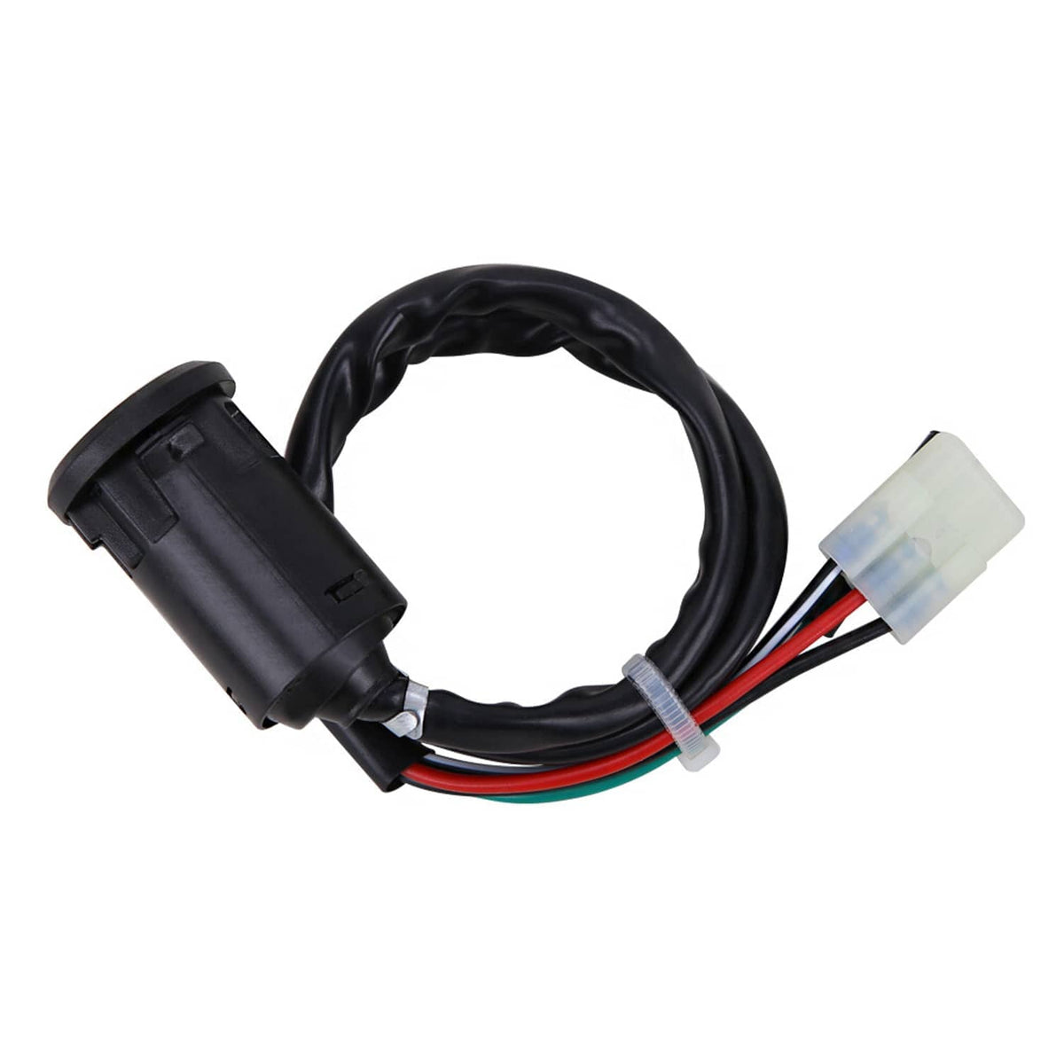 Ignition key switch with black connector housing and white multi-pin plug