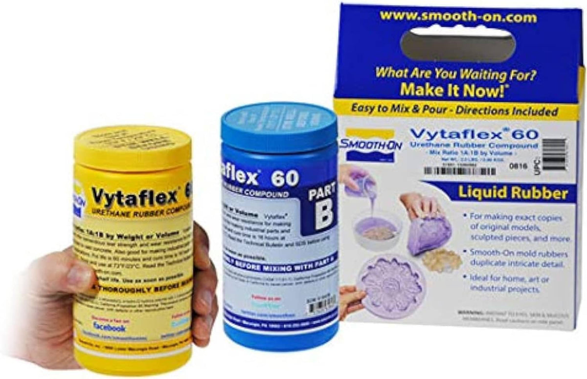 VytaFlex 60 rubber compound pint unit display: yellow canister, blue canister, instruction box.