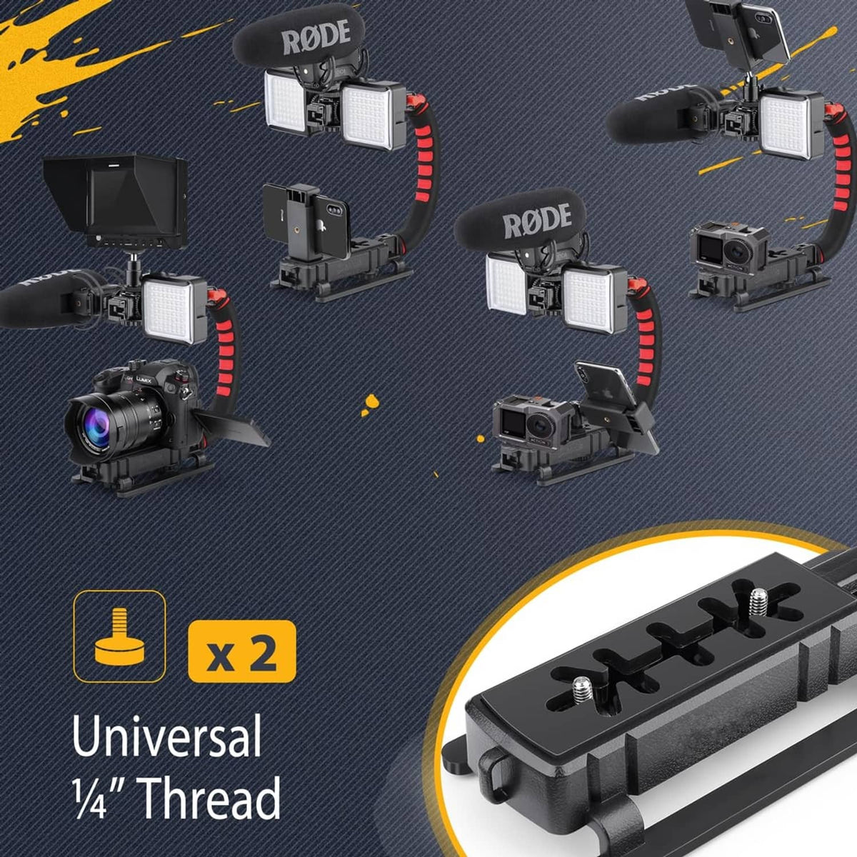 Multiple black rig setups with LED lights and red coiled cable grips
