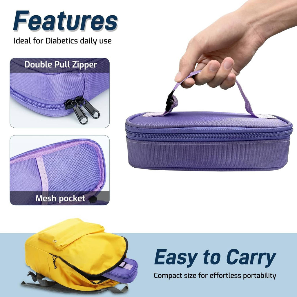 Purple insulin vial cooler case with dual zipper and mesh pocket, carried by hand