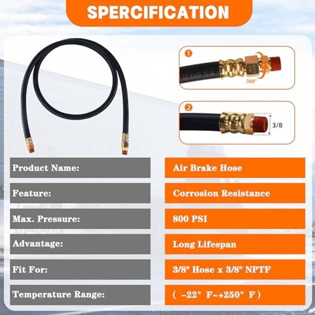 Air brake hose assembly with black rubber line and brass fittings, 3/8 in hose ends