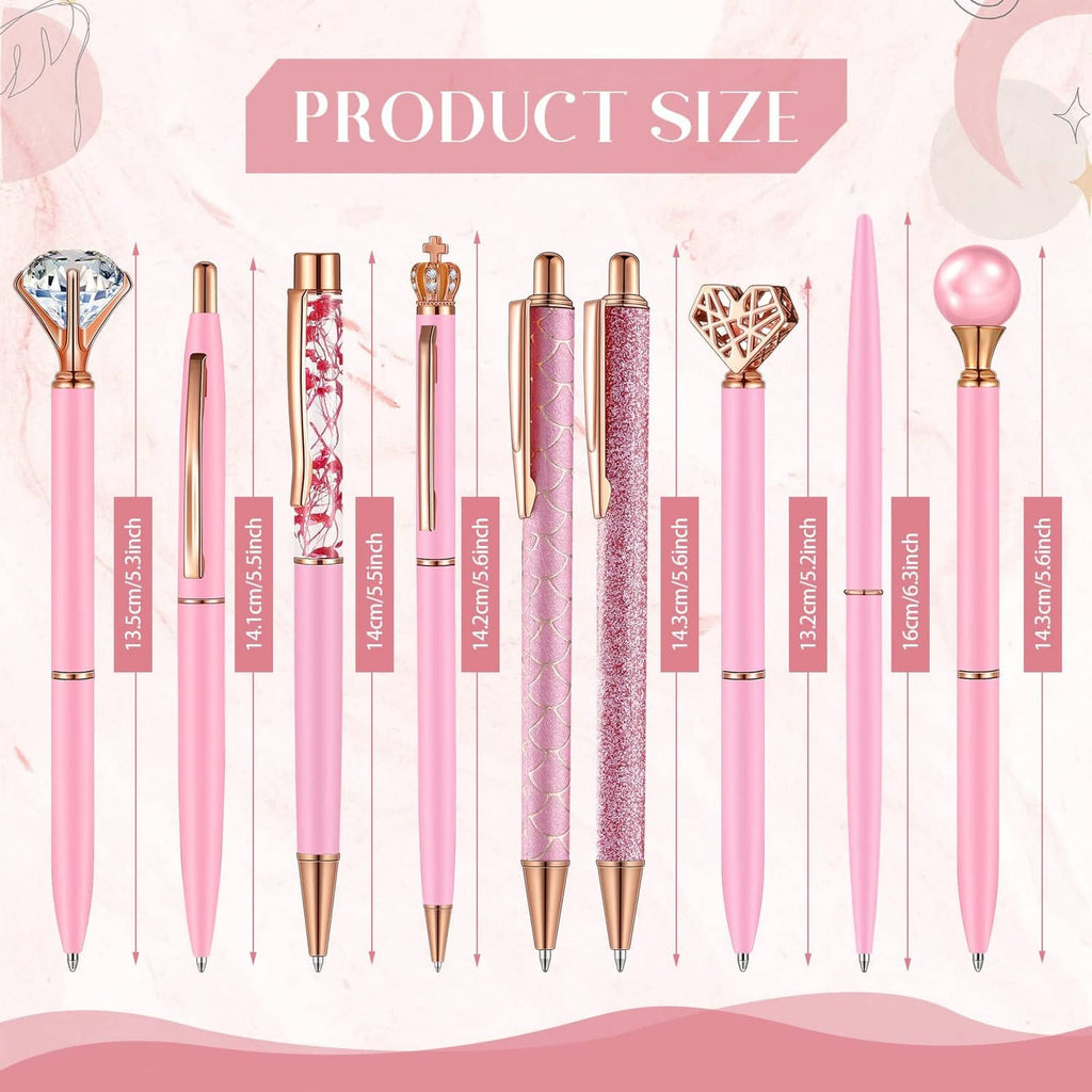 Pink ballpoint pens set, 9-piece lineup with glitter and metallic decorative barrels