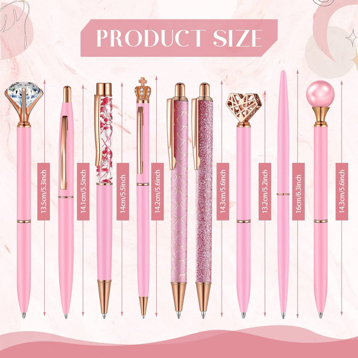 Pink ballpoint pens set, 9-piece lineup with glitter and metallic decorative barrels