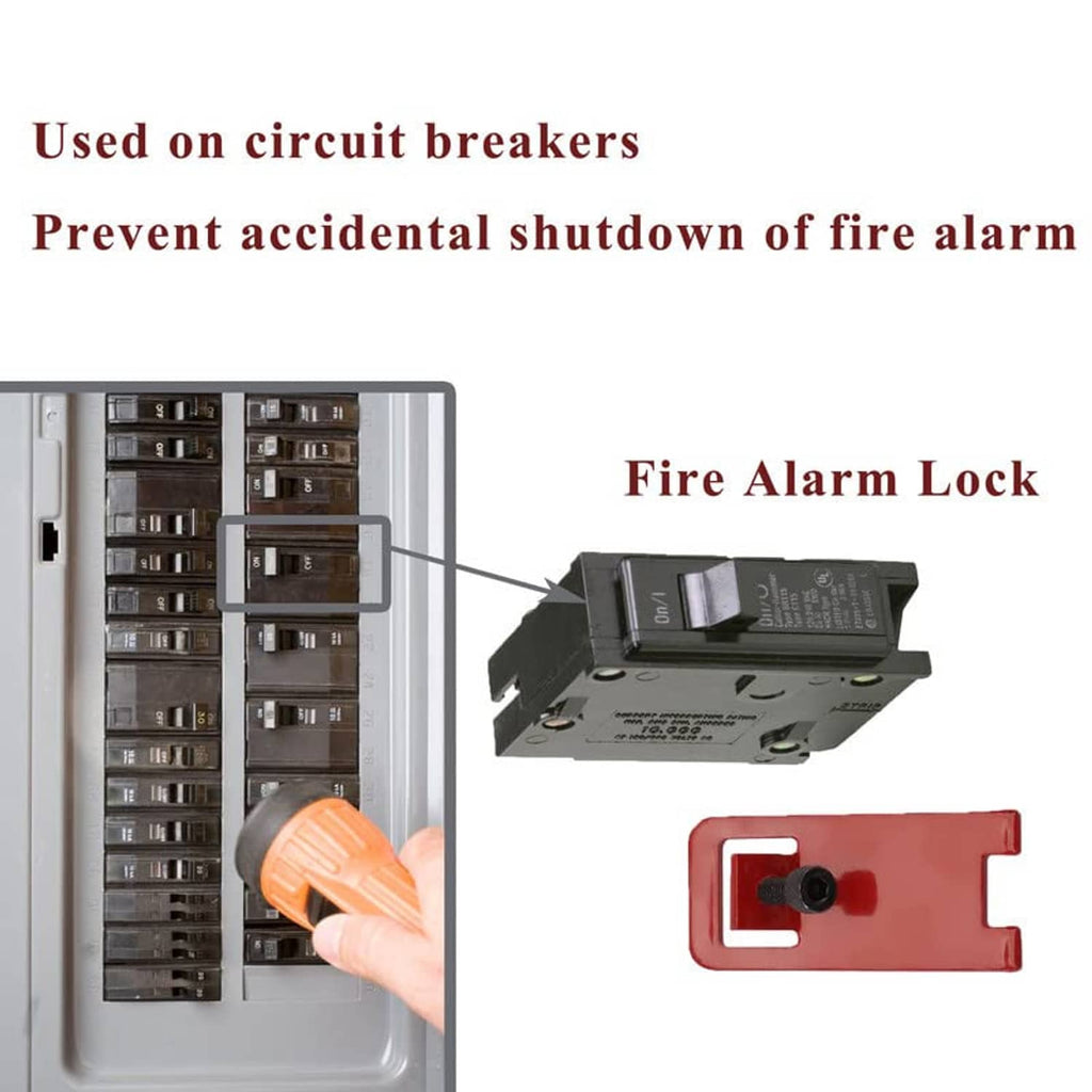 Red fire alarm lockout tag and black key next to a circuit breaker panel