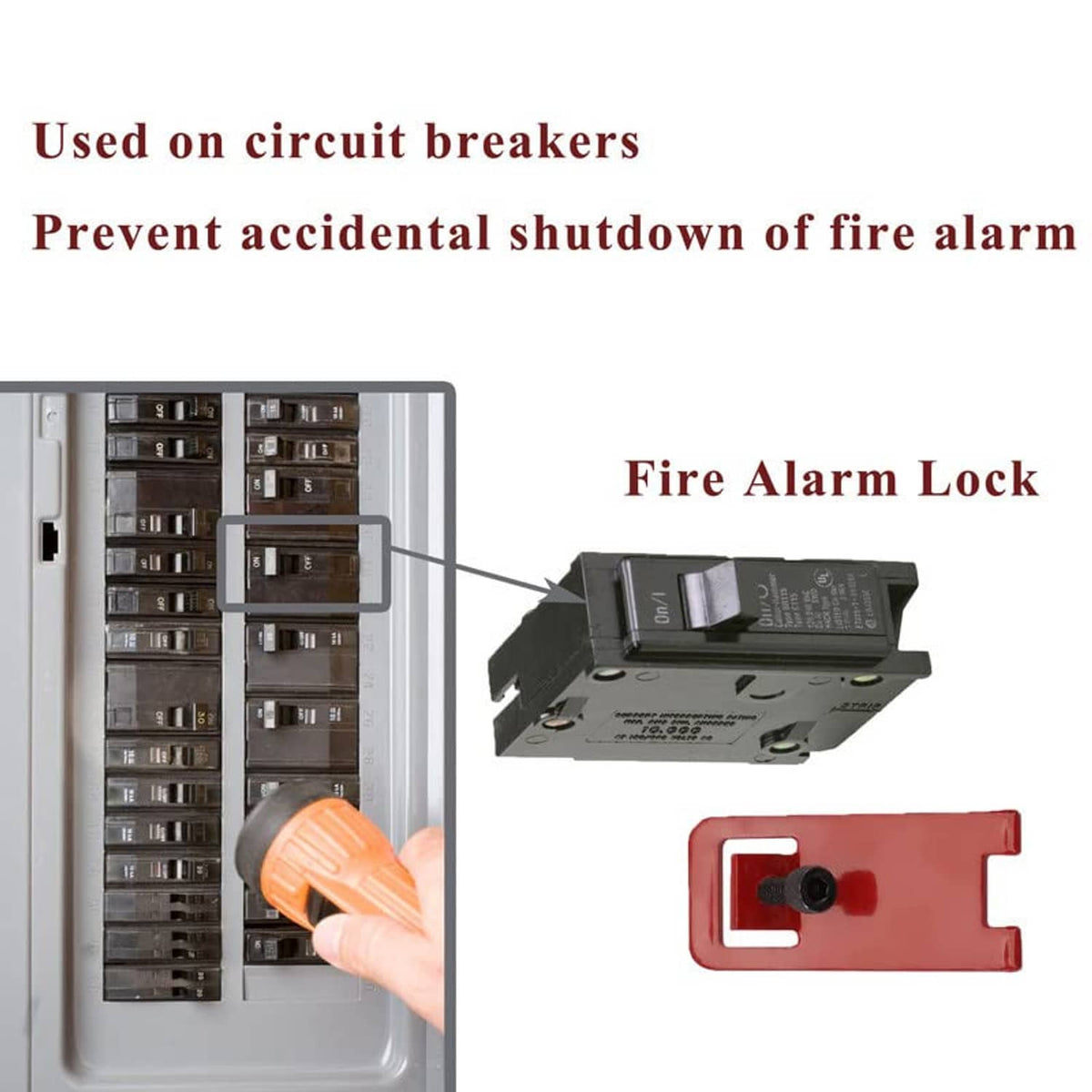 Red fire alarm lockout tag and black key next to a circuit breaker panel