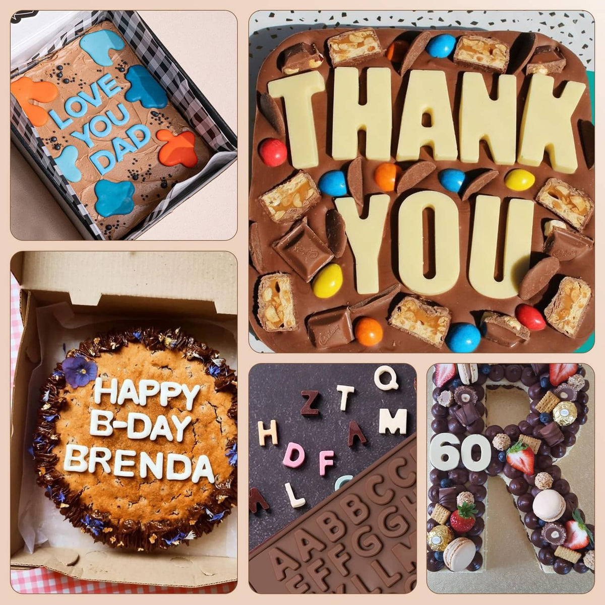 Chocolate desserts molded with letters and numbers, featuring 'THANK YOU' and '60'