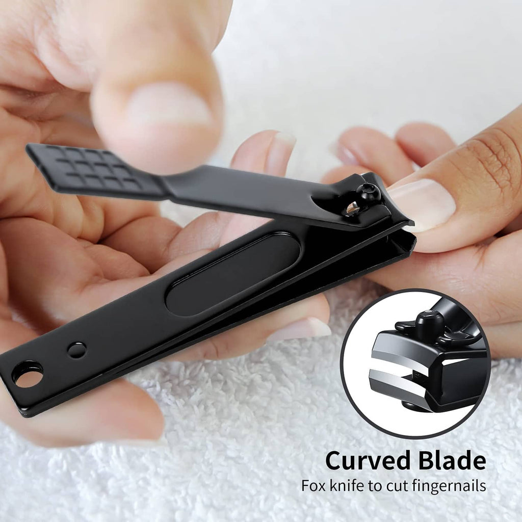 Black nail clipper with curved blade and integrated nail file, anti-slip grip