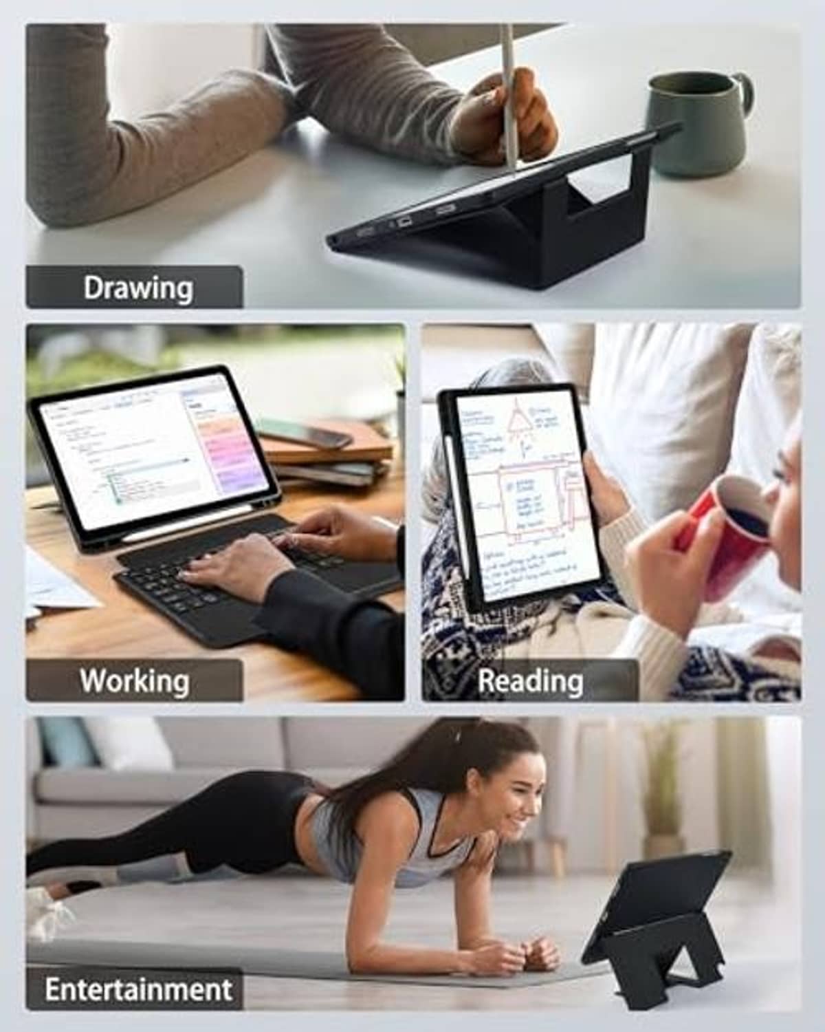 Smart trackpad keyboard case showing tablet in drawing, working, and reading angles