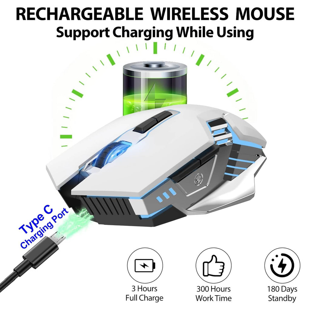 White rechargeable gaming mouse with side USB Type-C charging port