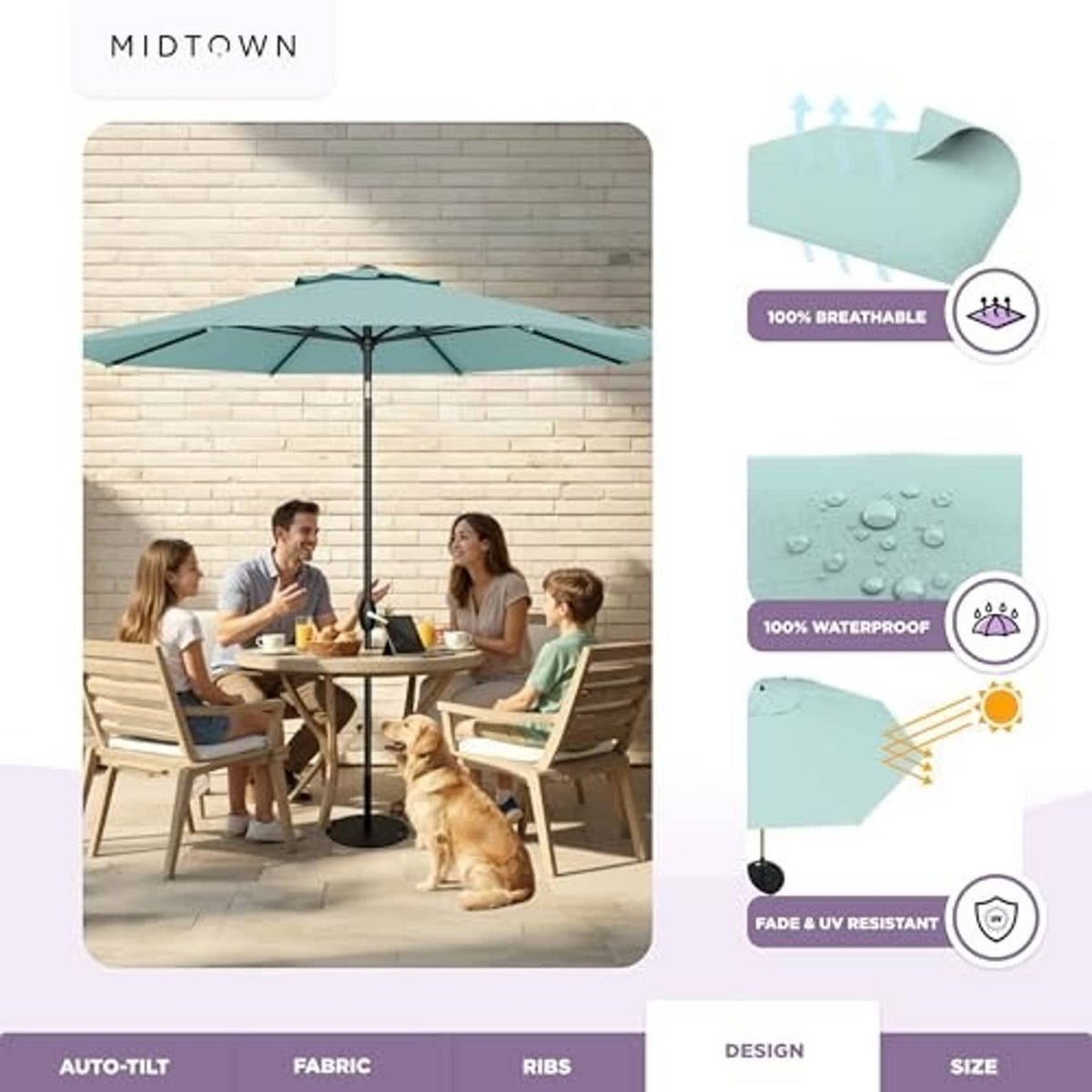 Teal patio umbrella over outdoor dining table and chairs