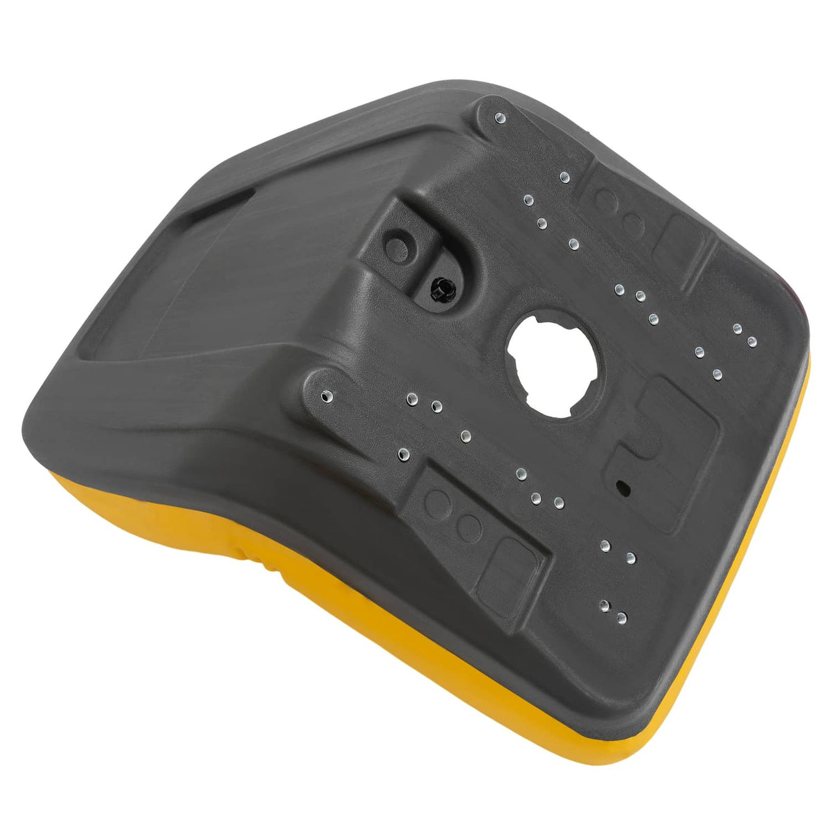 Yellow and black plastic seat pan with mounting holes and drain hole openings