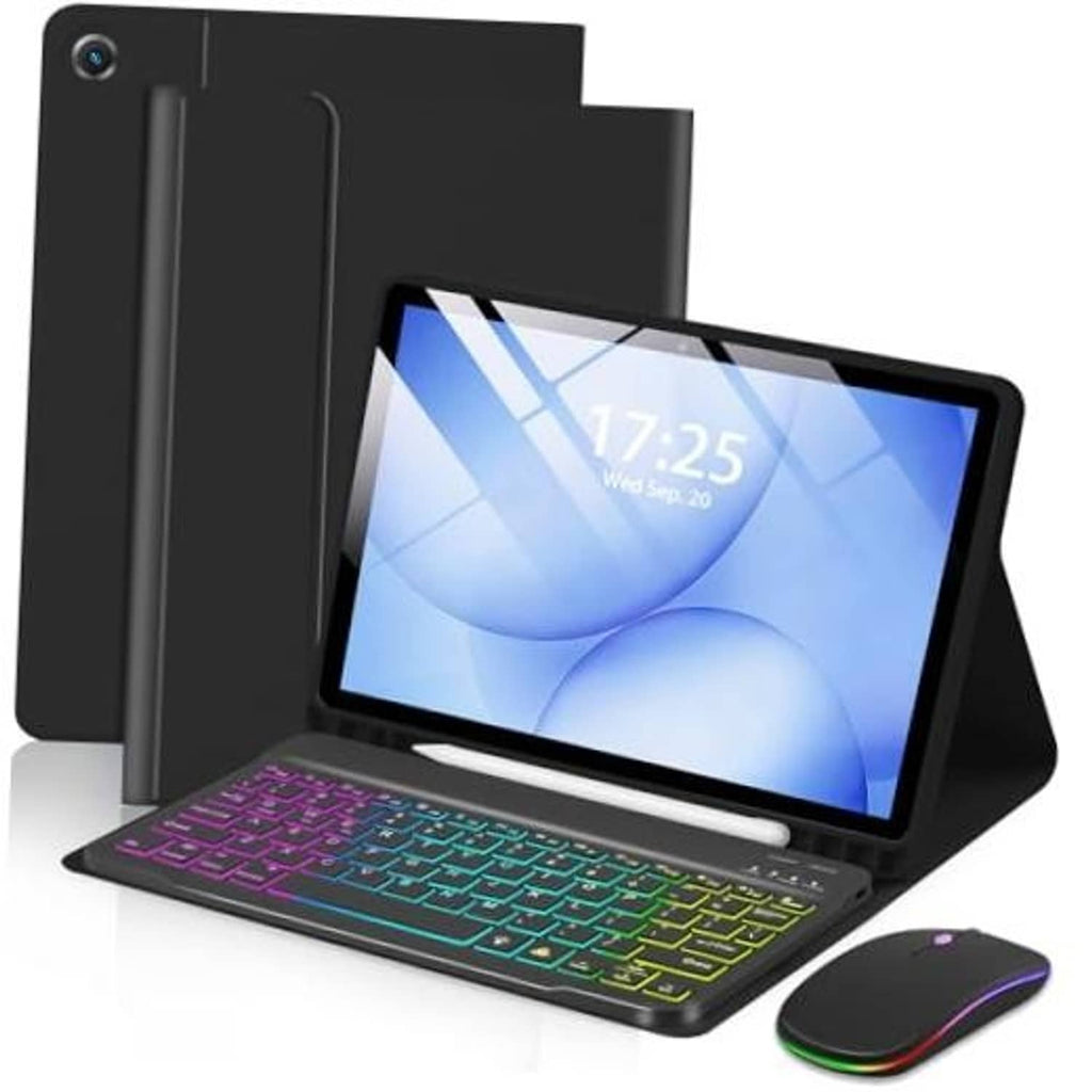 Black tablet case with stand and keyboard, plus matching wireless mouse