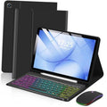 Black tablet case with stand and keyboard, plus matching wireless mouse