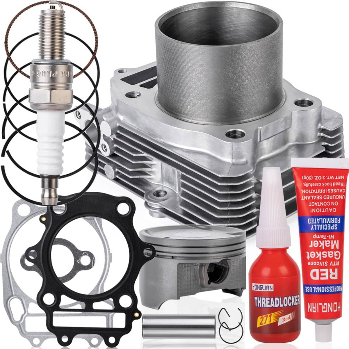 Cylinder block with piston, base gasket, and threadlocker glue bottle