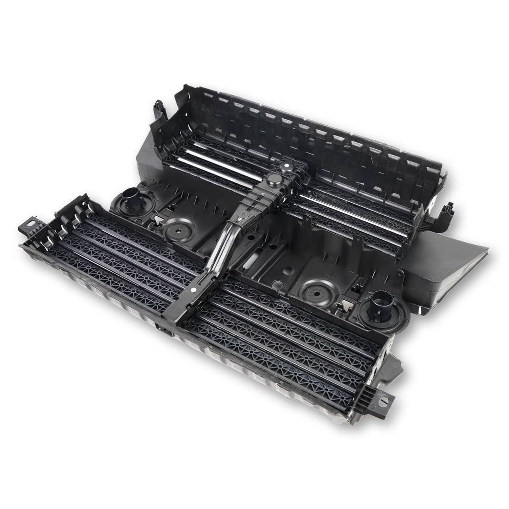 Front active grille shutter assembly with motor and black louvered slats, front view