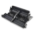 Front active grille shutter assembly with motor and black louvered slats, front view