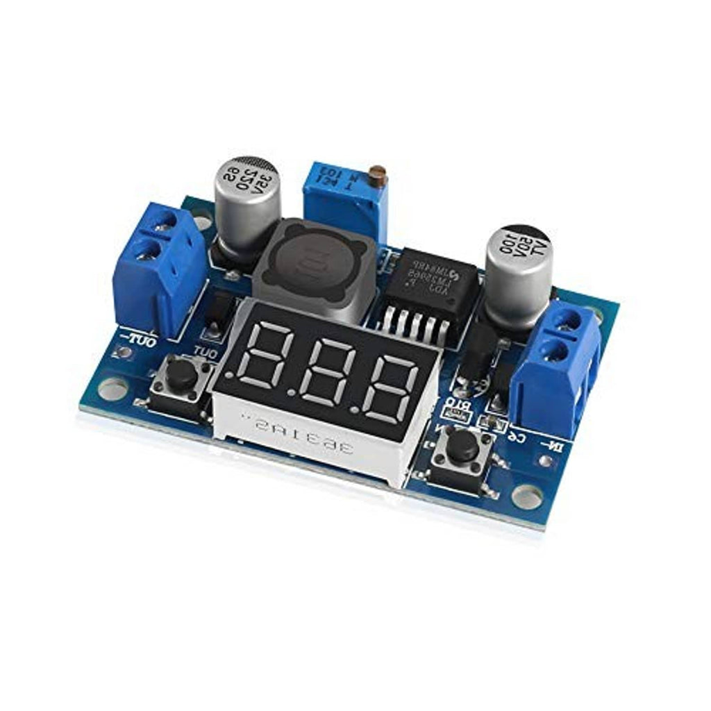 LM2596 adjustable buck converter module with red 3-digit display and blue screw terminals