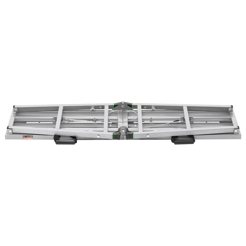 Folded portable scaffolding platform underside with locking hardware and support rails