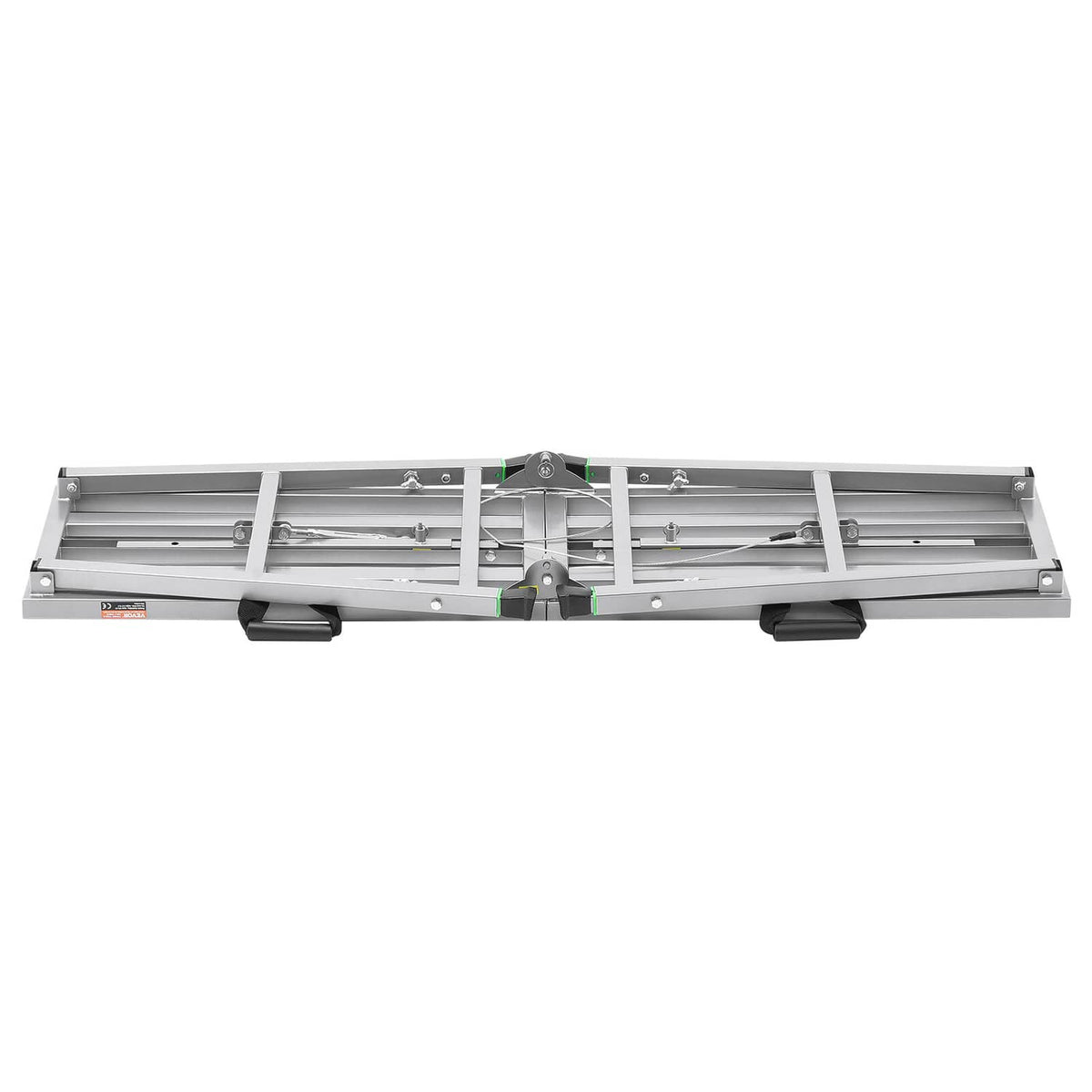 Folded portable scaffolding platform underside with locking hardware and support rails