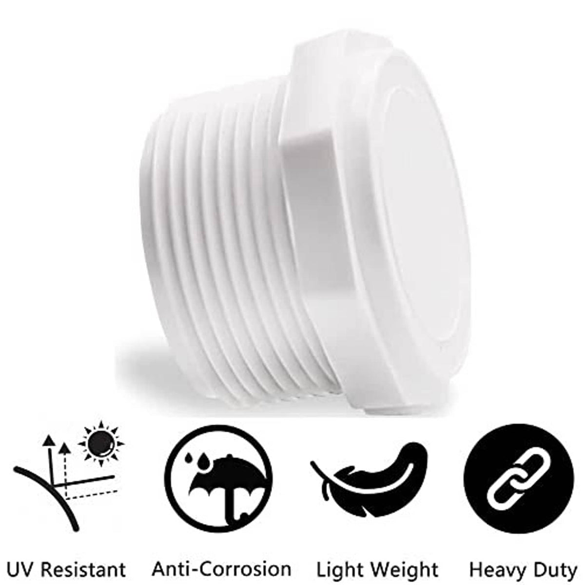 White PVC male threaded end cap, MNPT 3/4, front-side view of circular face