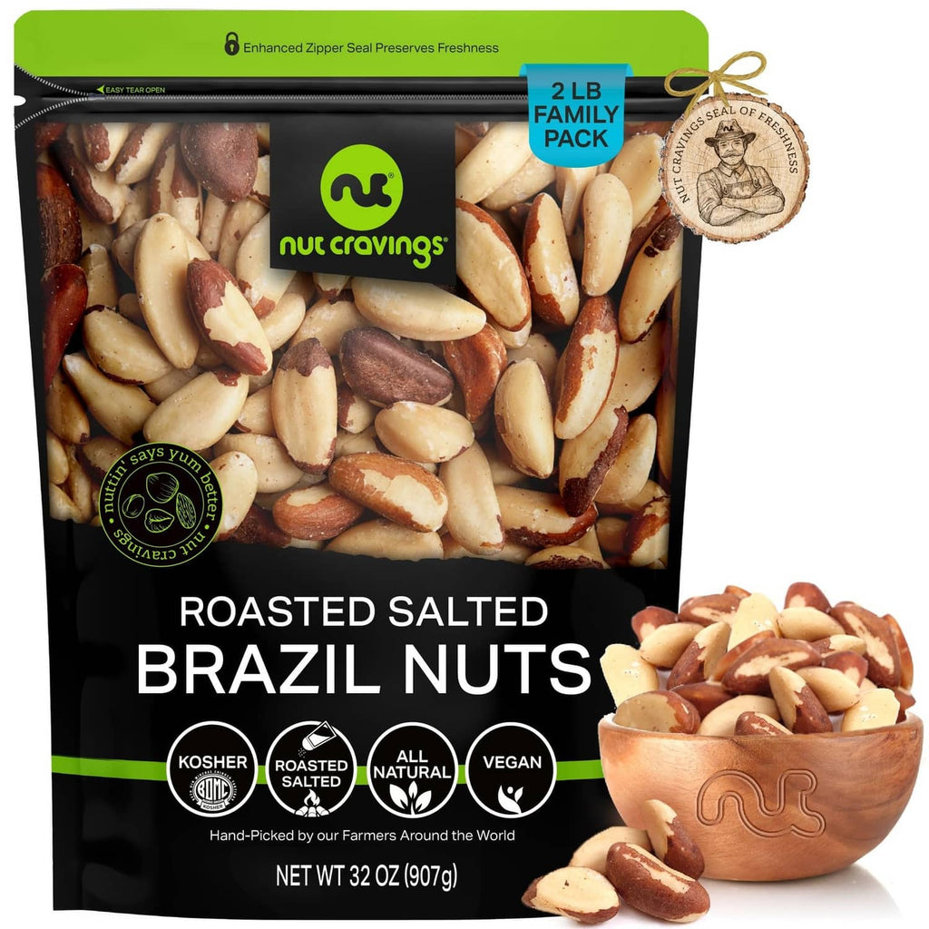 Nut Cravings roasted salted Brazil nuts bag, 2 lb family pack (no shell), with nuts pictured